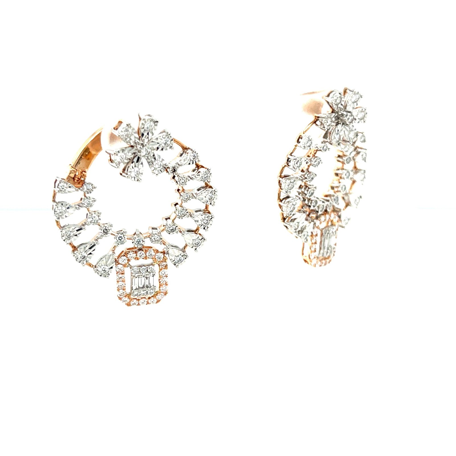 Radiant Diamond Hoop Earrings with Floral Motif